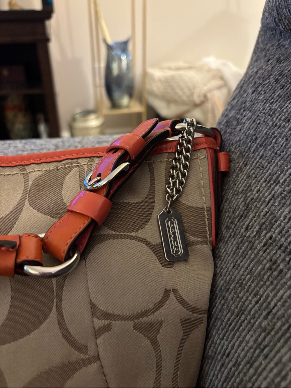 Coach K0868-12675 Signature Metallic Khaki Jacquard Orange Leather Shoulder Bag - Picture 3 of 16